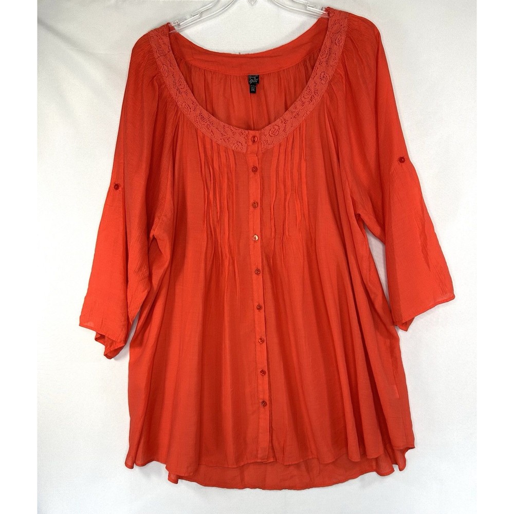 Grand & Greene Women's Size 2X Button Up Roll Tab Sleeves Orange Tunic